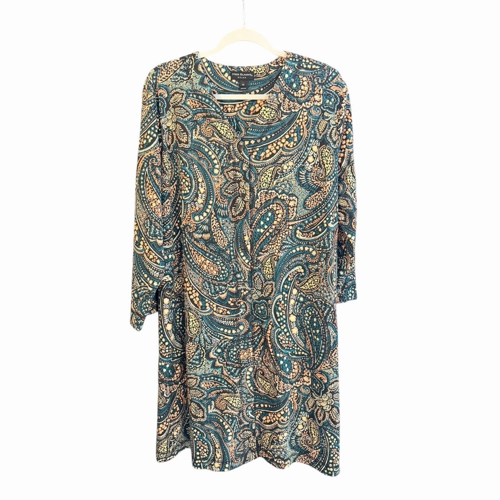 Miss Elaine Interlock Knit Robe Paisley 1X Teal Gold Button Front Cozy Lounge - Picture 2 of 6